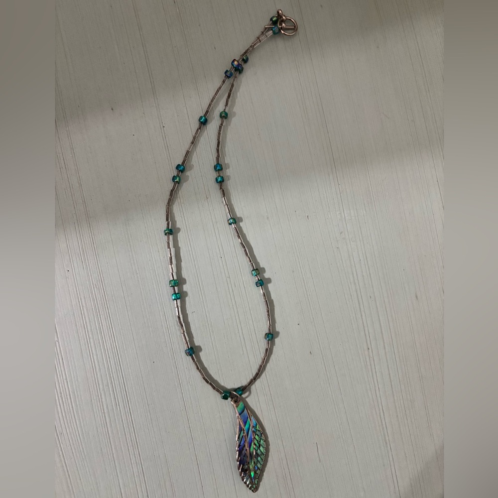 Long Beaded Necklace Silver Green Blue Teal Purple Seashell Feather Charm Clasp